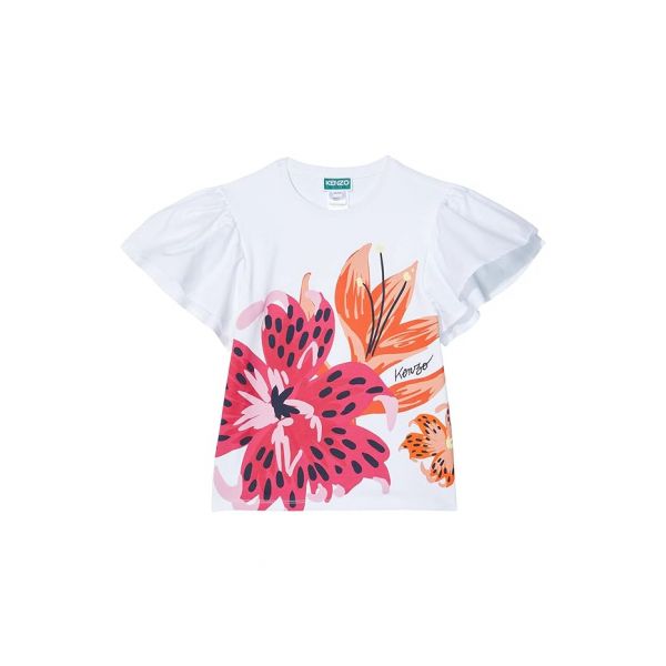 키즈 Kenzo 숏슬리브 반팔 티셔츠 w/ Ruffles Sleeves Flowers 프린트 - 화이트 8840989