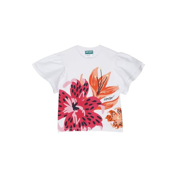키즈 Kenzo 숏슬리브 반팔 티셔츠 w/ Ruffles Sleeves Flowers 프린트 - 화이트 8840996